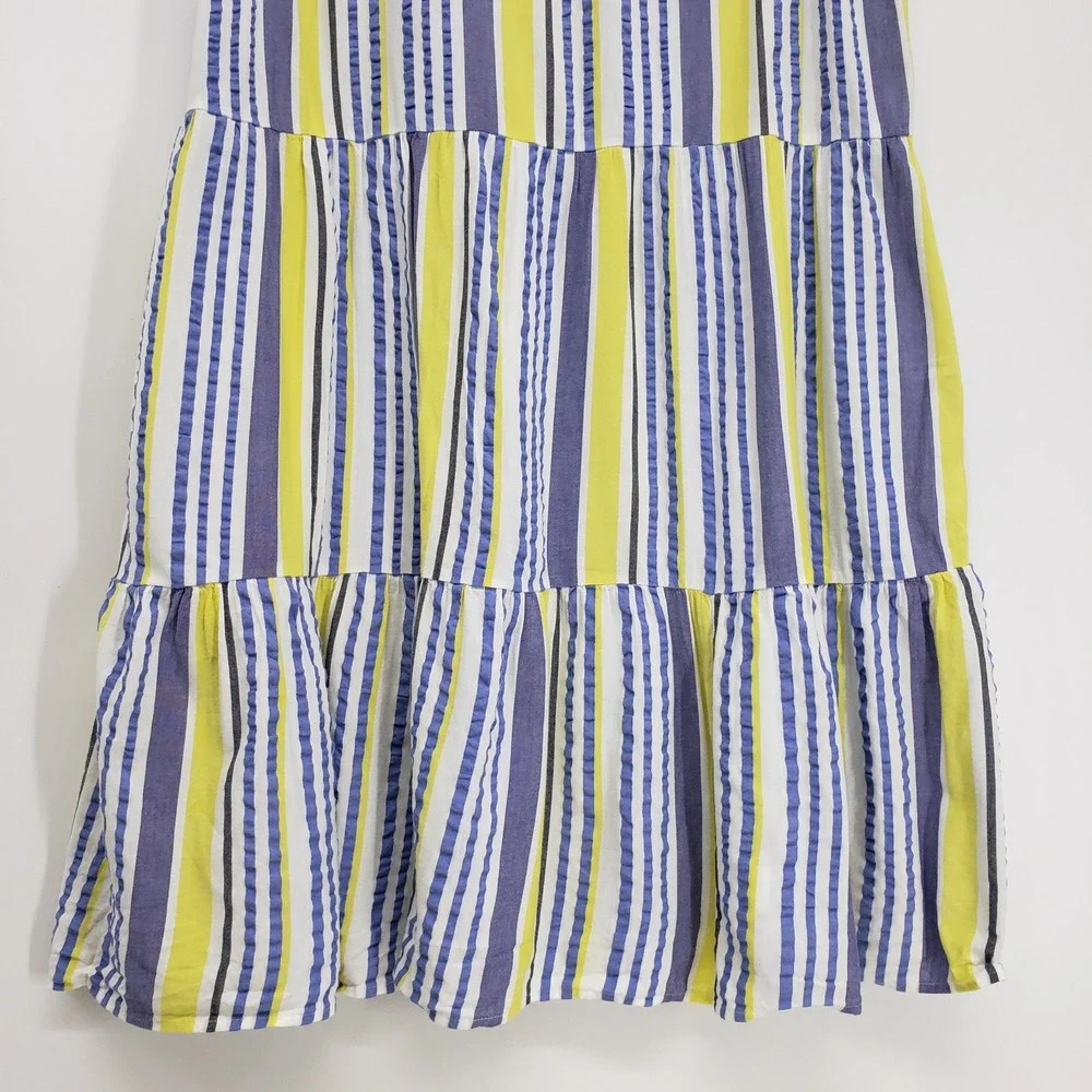 LOFT Striped Tiered Swing Dress Womens Large Yellow Blue Ruffle Sleeve V-Neck